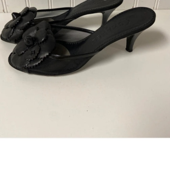 Chanel Lambskin Mesh Camellia Mules logo black kitten heels spring designer - Picture 7 of 8